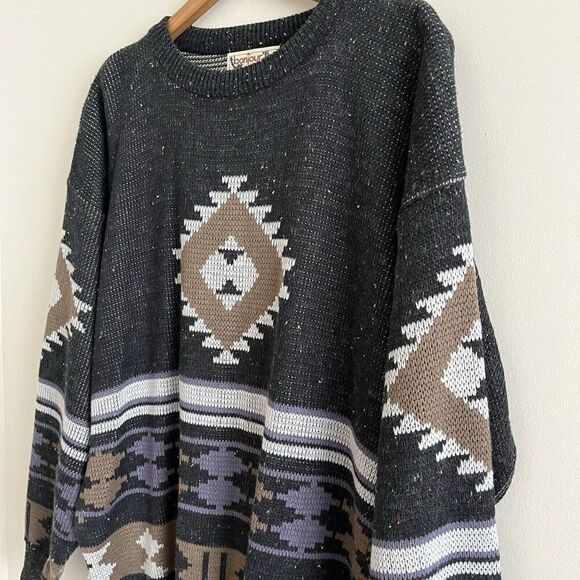 Vintage Bonjour International Y2K Grandpa Pullover Sweater L Aztec Boho Western - Picture 8 of 10